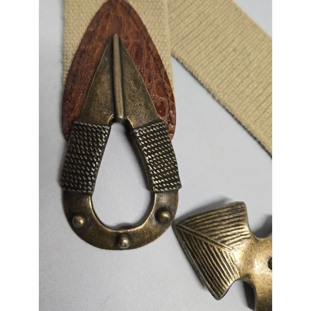 Vintage Omega Canvas Belt With Brass Arrow Buckle Leather Accents Unique Design